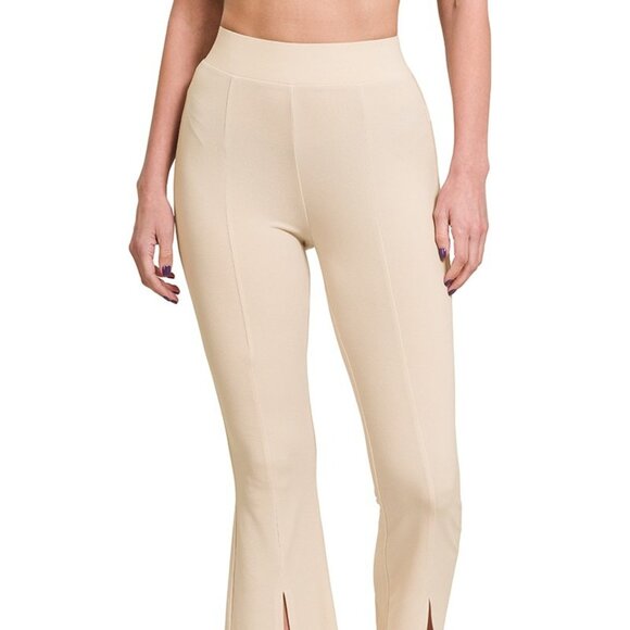 ZENANA PREMIUM SLACKS BEIGE ITY HIGH RISE FRONT SLIT ELASTIC BAND PANTS SMALL - Picture 2 of 6
